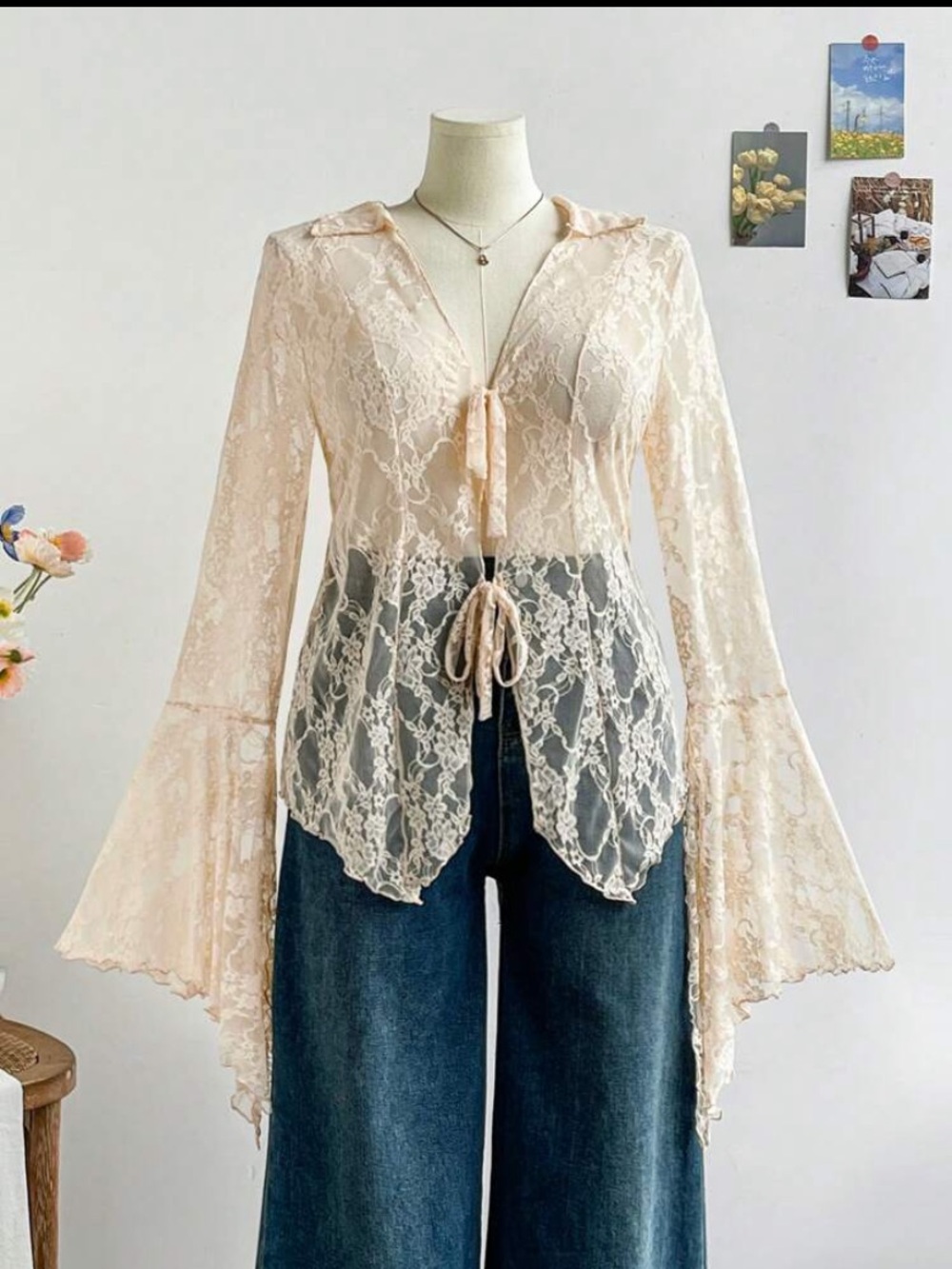 Sheer Lace Tie-Front Blouse in Soft ivory - Picture 2 of 7